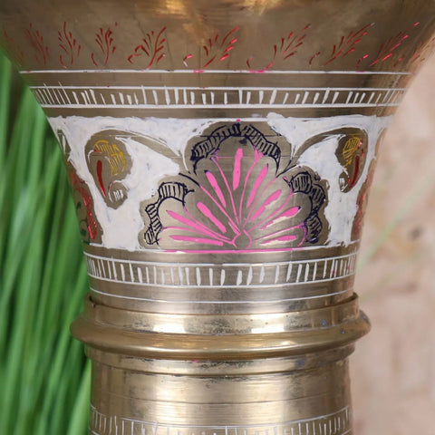 Vintage brass vase 92cm with scalloped edge featuring intricate pink and black floral engravings on white band