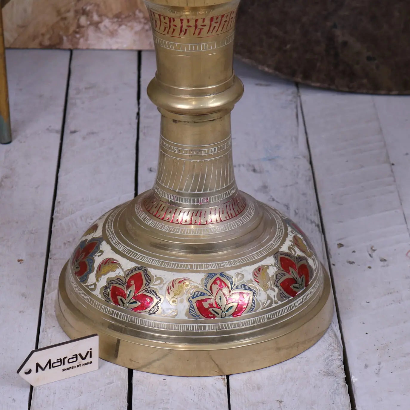 Vintage brass vase 92cm large scalloped edge with handcrafted brass candlestick and red gold silver floral engravings