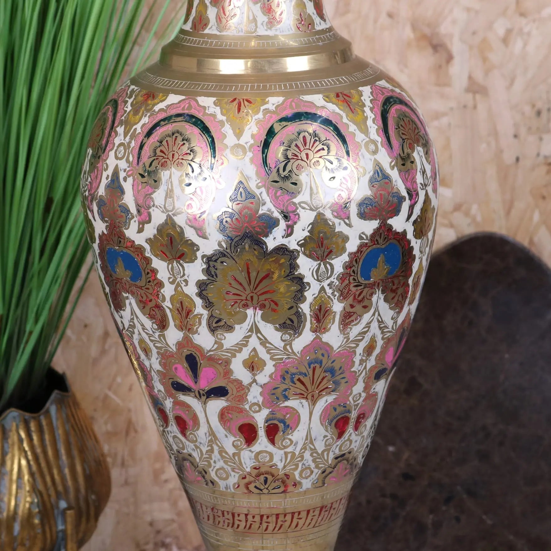 Vintage brass vase 92cm with a white ceramic base featuring intricate pink gold blue red floral patterns and metallic details