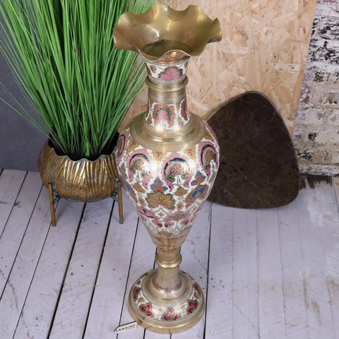 Vintage brass vase 92cm tall with ornate scalloped edge and intricate pink gold blue floral enamel patterns