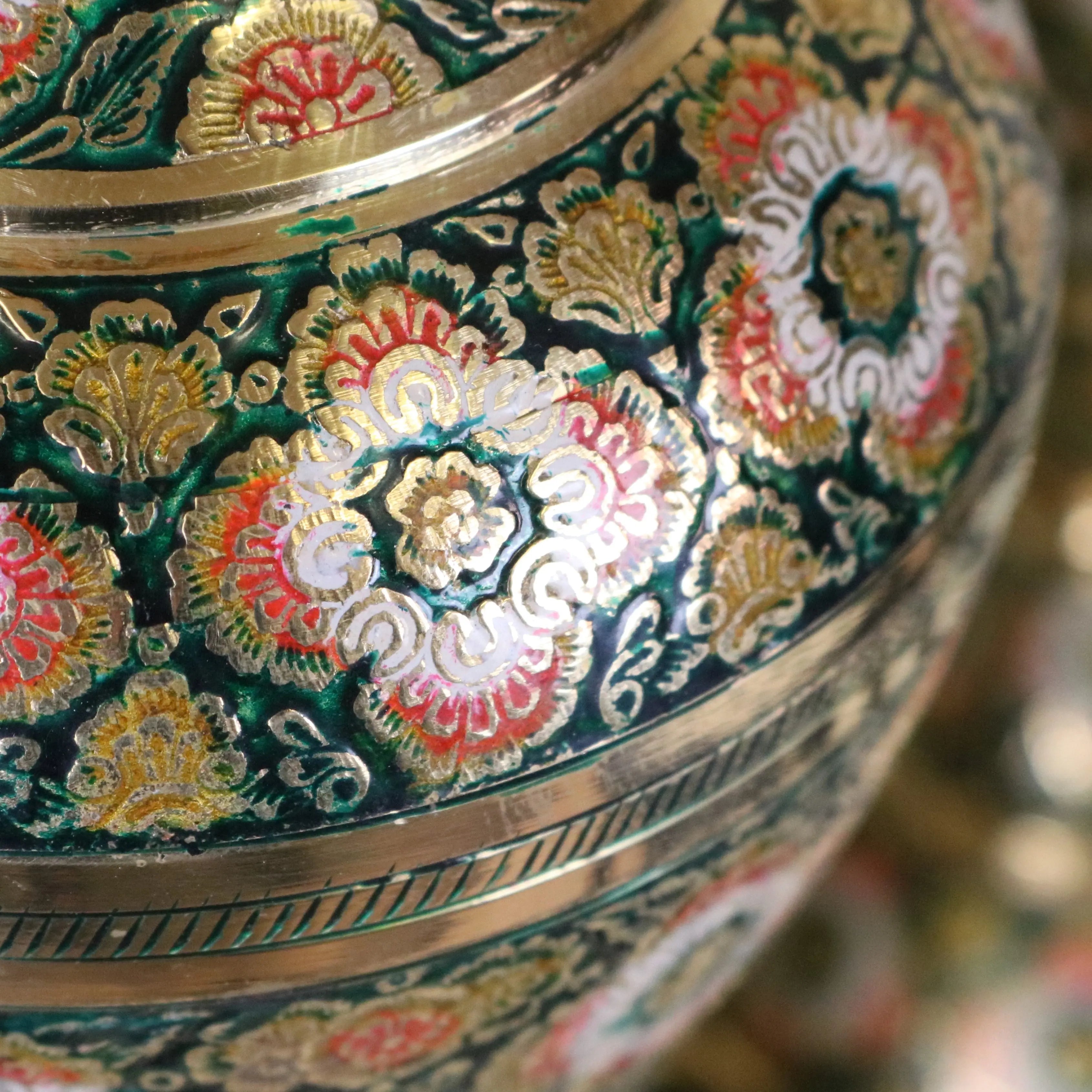 Vintage brass vase pair 38cm handcrafted with intricate floral patterns in vibrant green red and gold enamel detailing