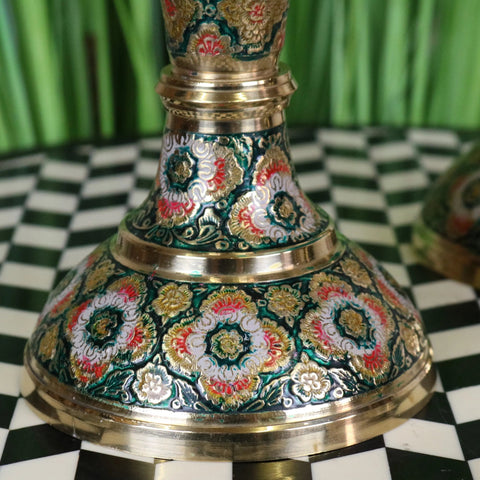 Vintage brass vase pair 38cm hand painted with intricate red gold and white floral patterns on deep teal background