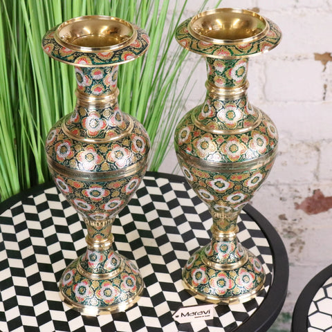 Pair of vintage brass vases 38cm with hand painted green pink and gold floral enamel designs