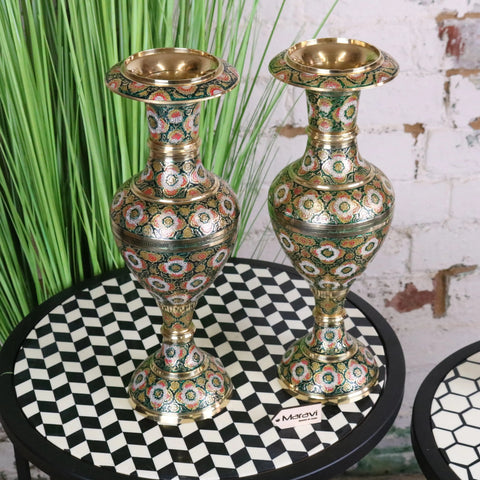 Pair of vintage brass vases 38cm hand painted with intricate green pink and gold floral enamel designs