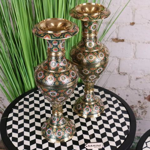 Pair of vintage brass vases 38cm hand painted with intricate floral enamel designs on dark green background
