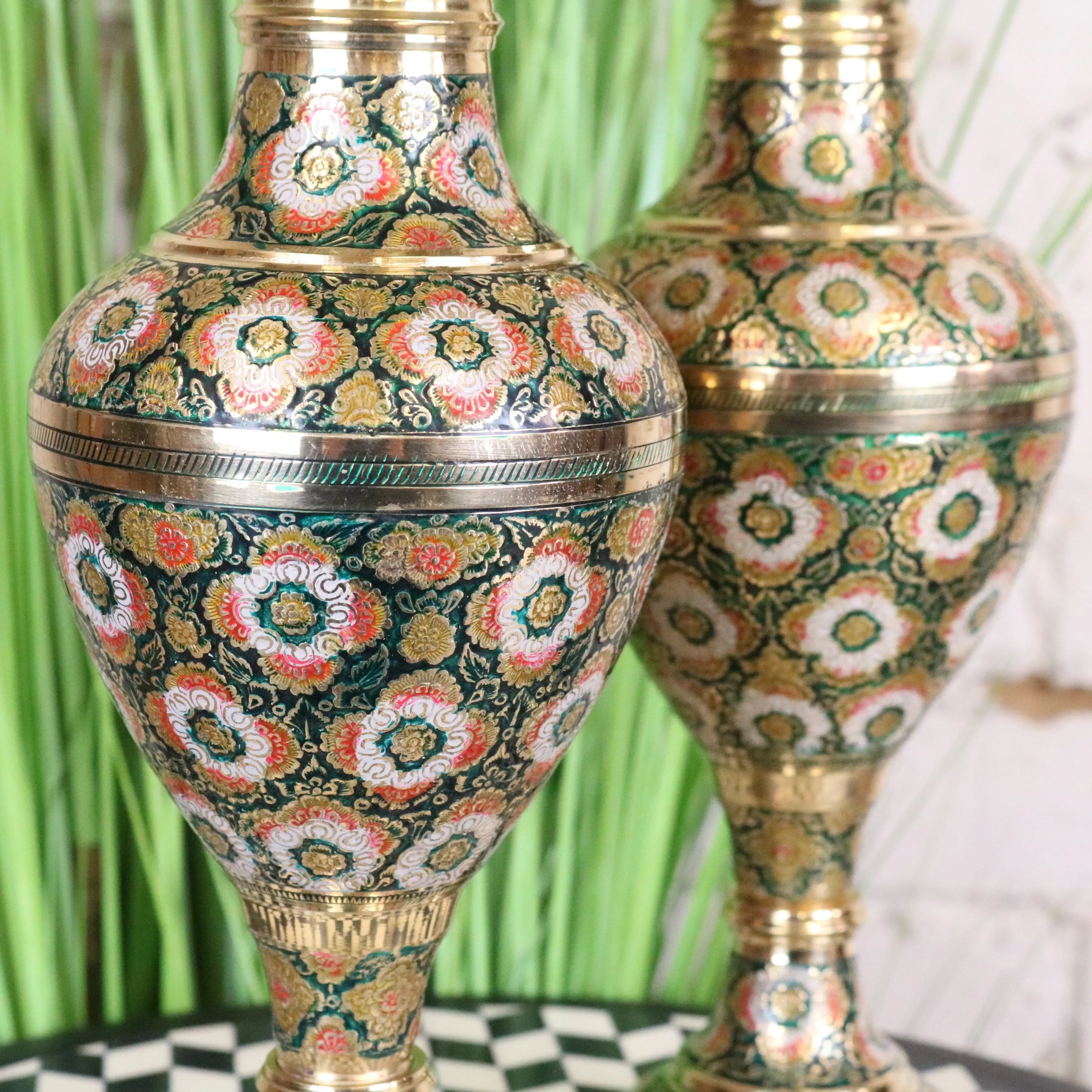 Vintage brass vase pair 38cm hand painted with intricate pink white and gold floral patterns on dark green background