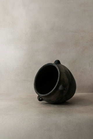 Dark gray vintage dark ceramic pot with two small looped handles perfect for rustic decor and storage