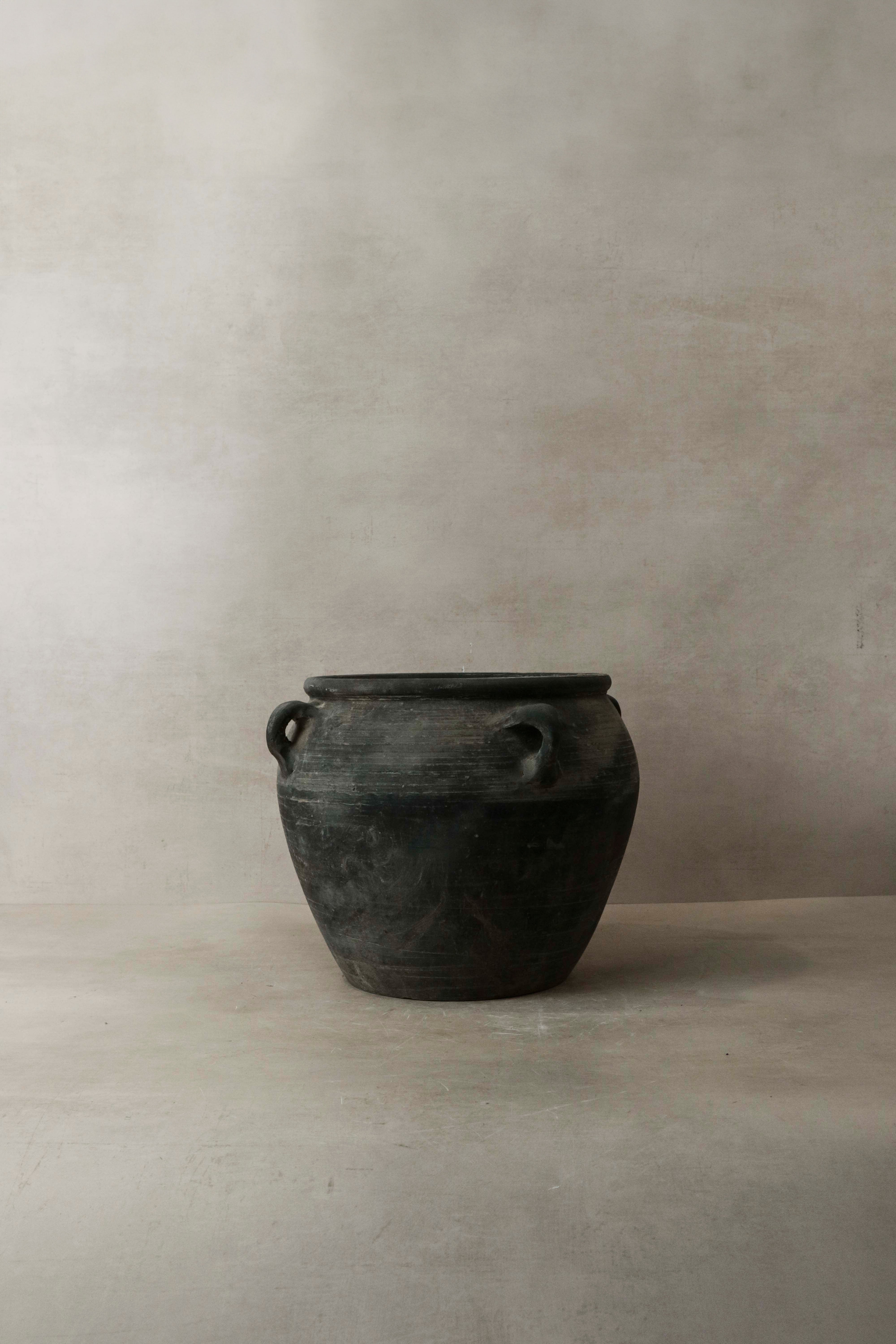 Dark gray handcrafted ceramic pot with two looped handles vintage dark pot with ears e4.2