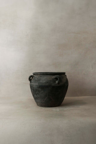 Dark gray handcrafted ceramic pot with two looped handles vintage dark pot with ears e4.2