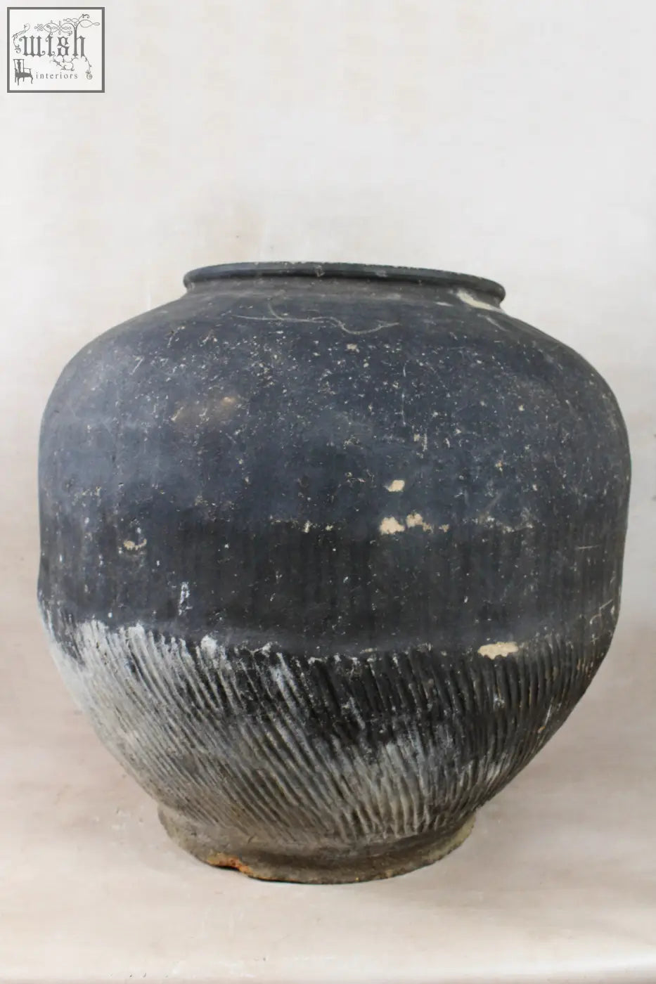Vintage dark pot xl storage jar made of black ceramic with ribbed lower half and chipped glaze height 71cm folk artistry