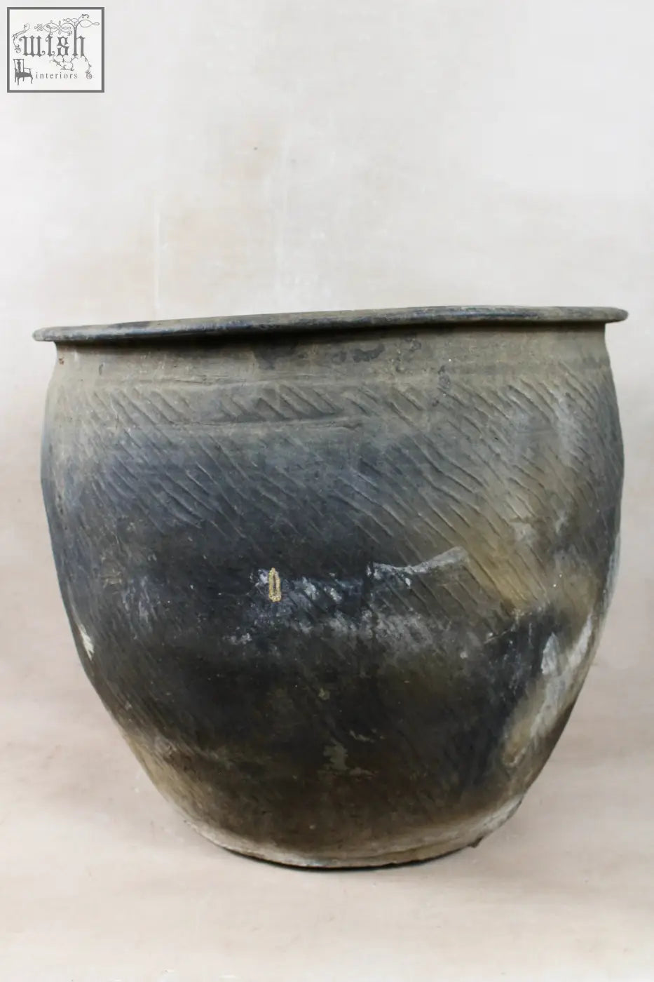 Vintage dark pot xl nº 4 a weathered grey earthenware pot with diagonal etched patterns from shanxi province