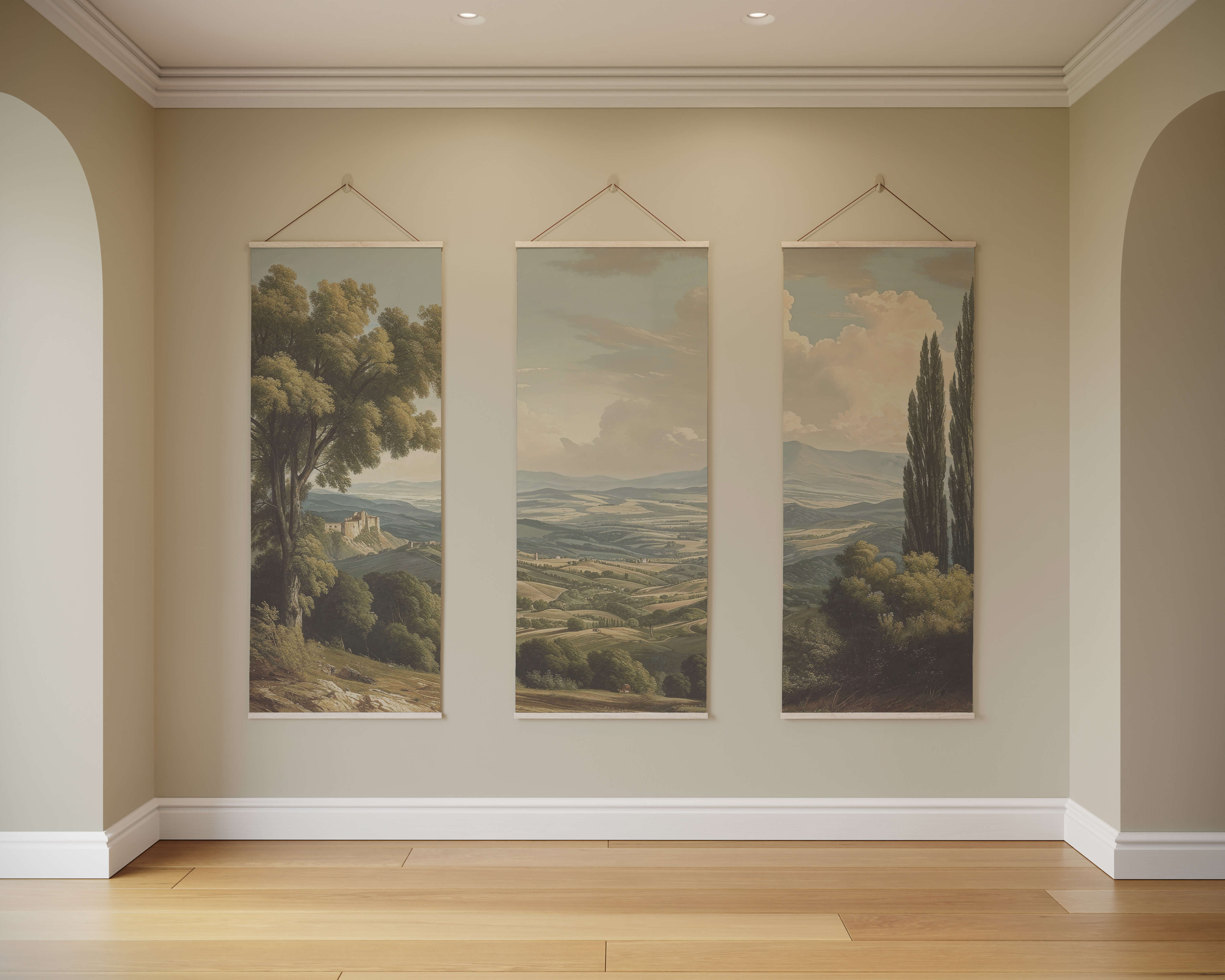 Three framed vintage european landscape tapestries with soft earthy tones and delicate brushwork in serene scenes