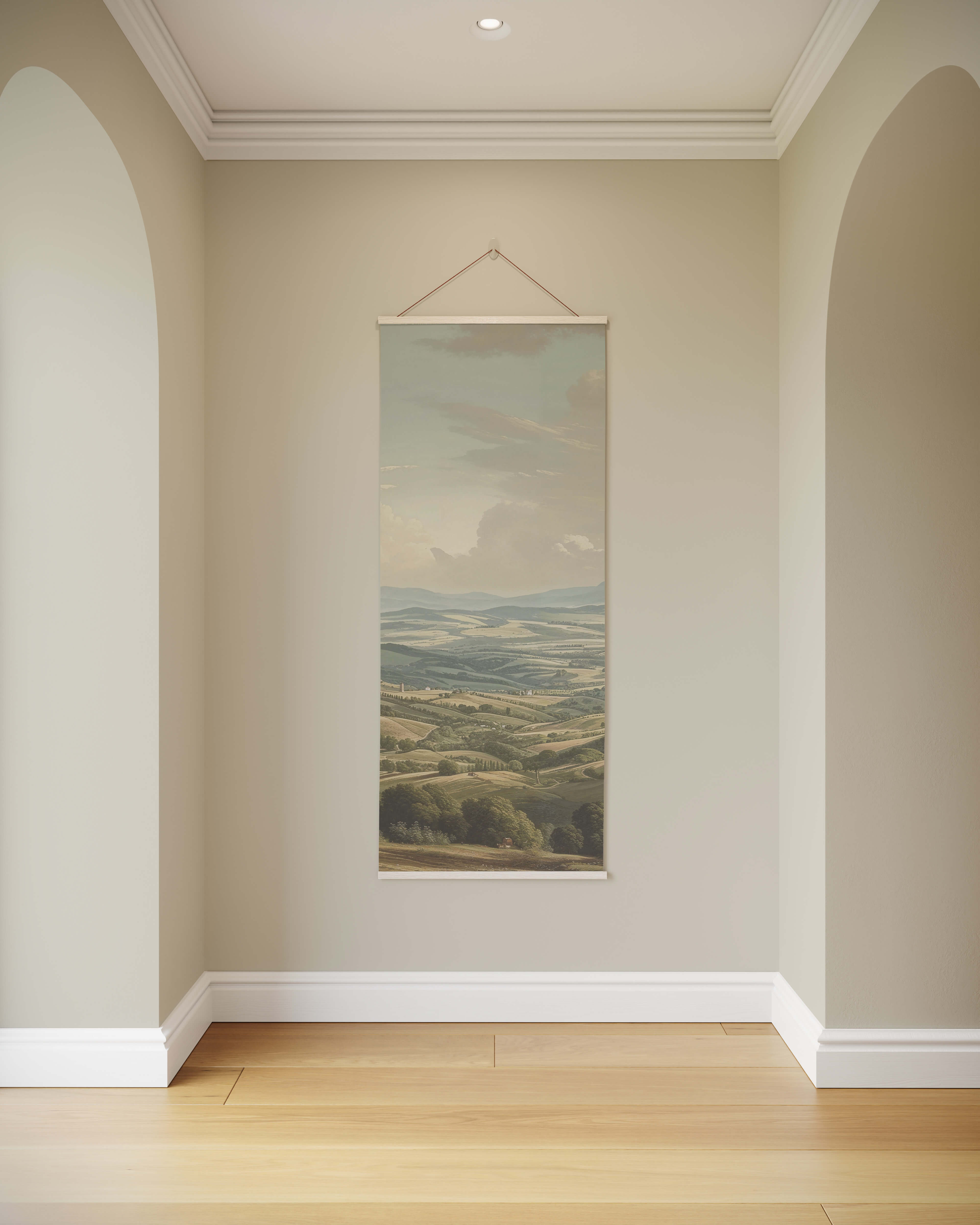A vintage european landscape tapestry featuring a long vertical print with soft earthy tones and rolling hills