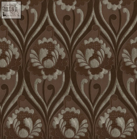 Brown and cream vintage floral damask wallpaper with intricate repeating pattern perfect for classic decor