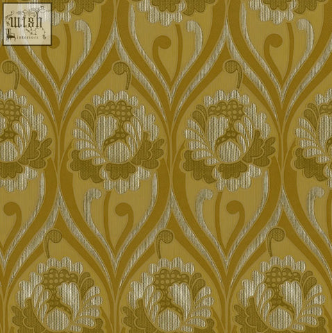 Vintage floral damask wallpaper with intricate cream and olive green floral damask patterns for stylish walls