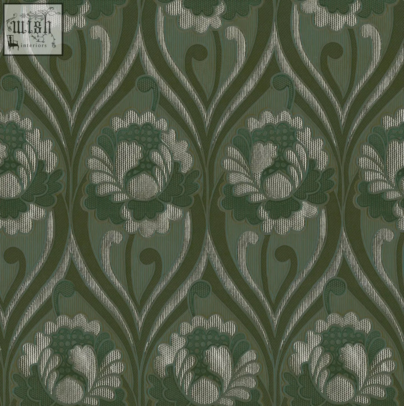 Vintage floral damask wallpaper with olive green and silver-toned intricate art nouveau floral damask pattern