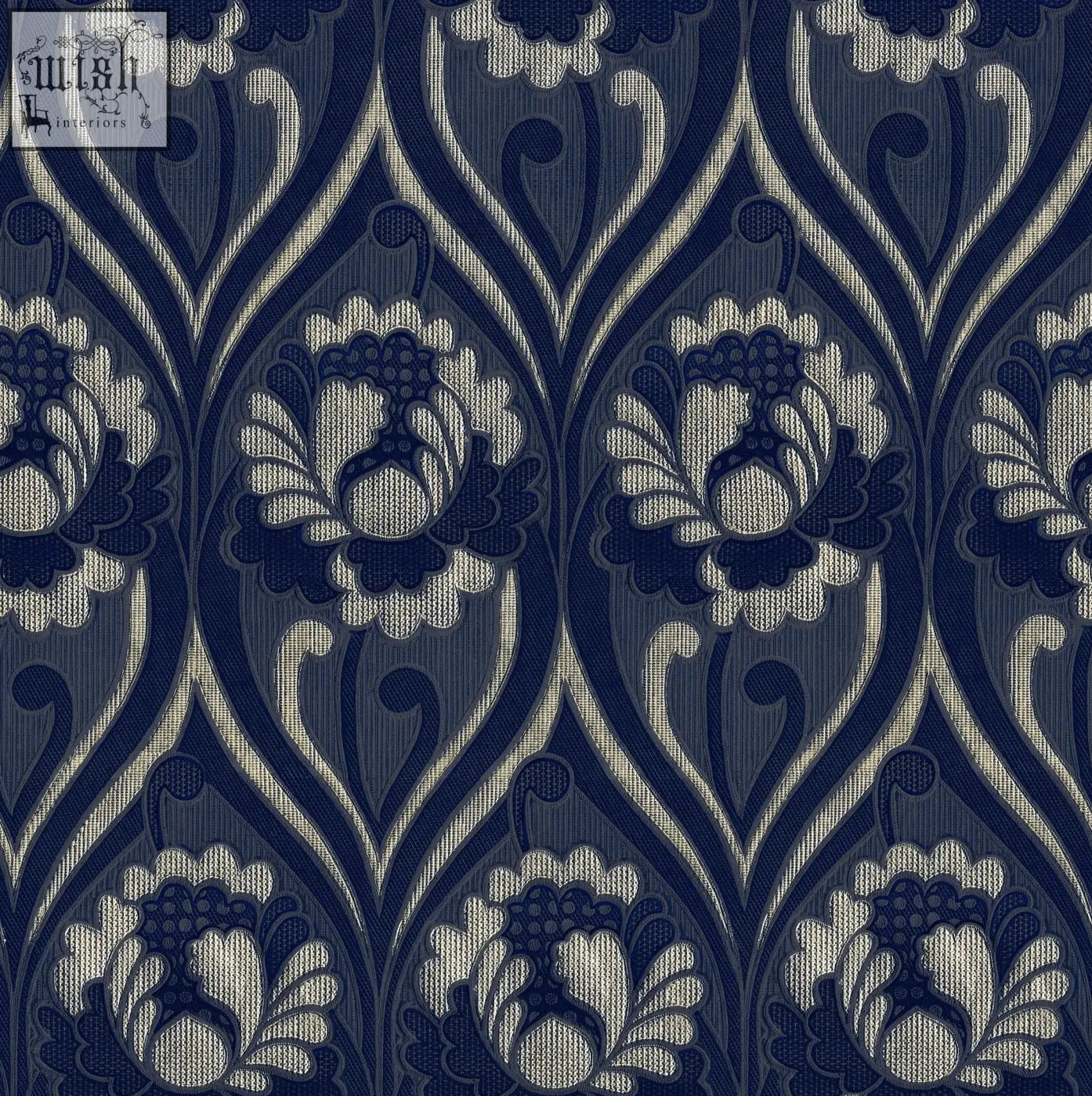 Dark blue and cream vintage floral damask wallpaper with an intricate repeating floral damask pattern