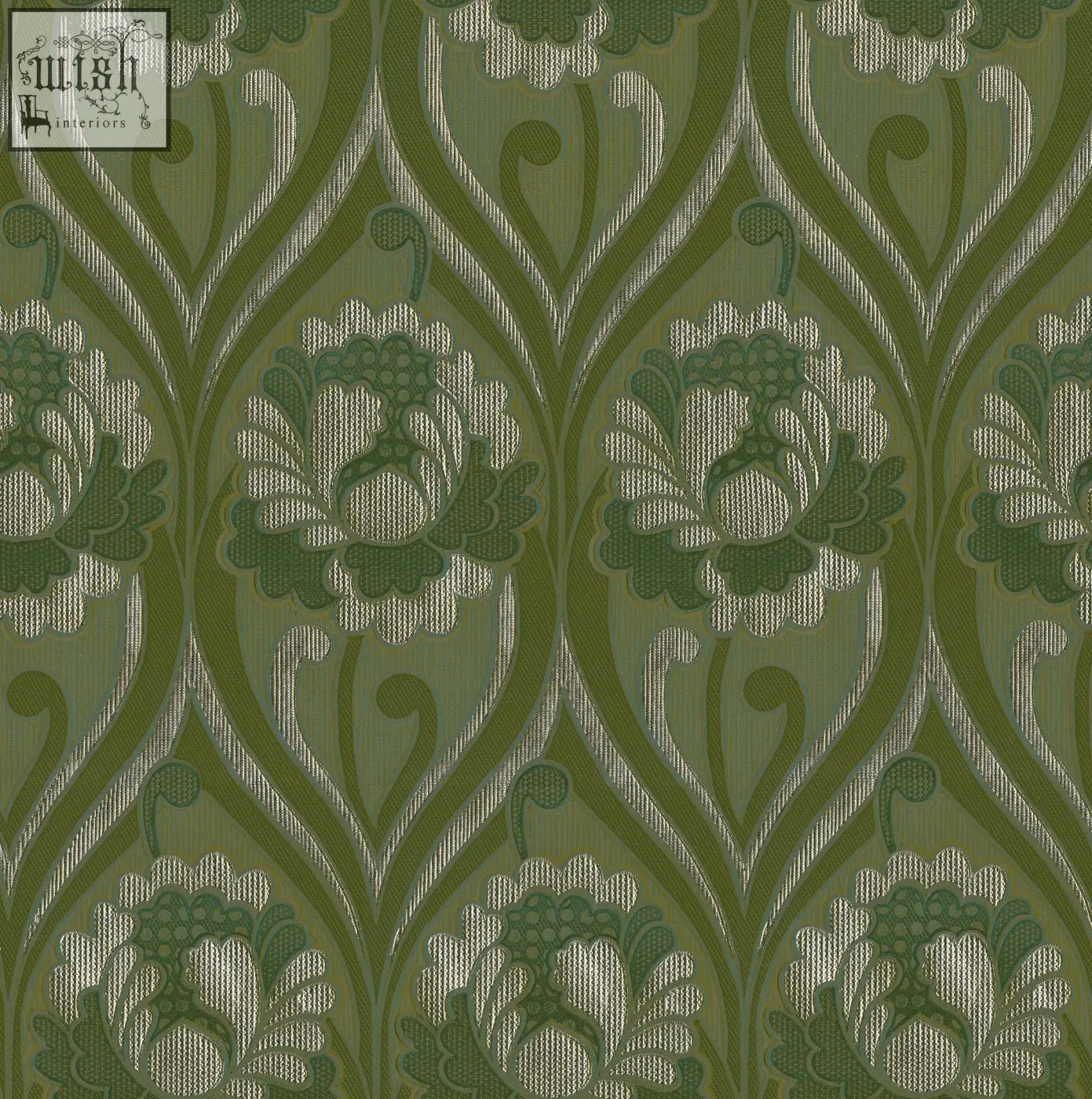 Vintage floral damask wallpaper in olive green and cream with an intricate repeating floral damask pattern