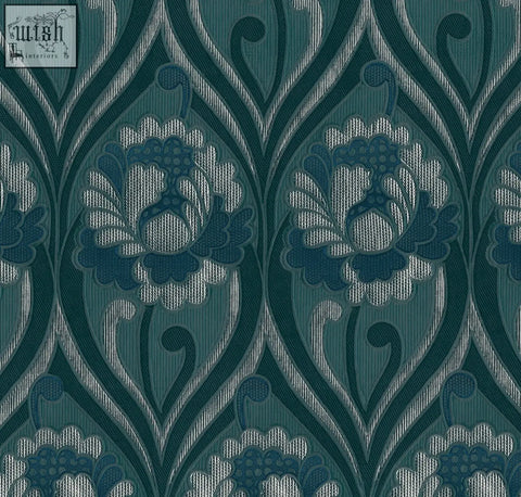 Teal and silver vintage floral damask wallpaper with an intricate repeating floral damask pattern