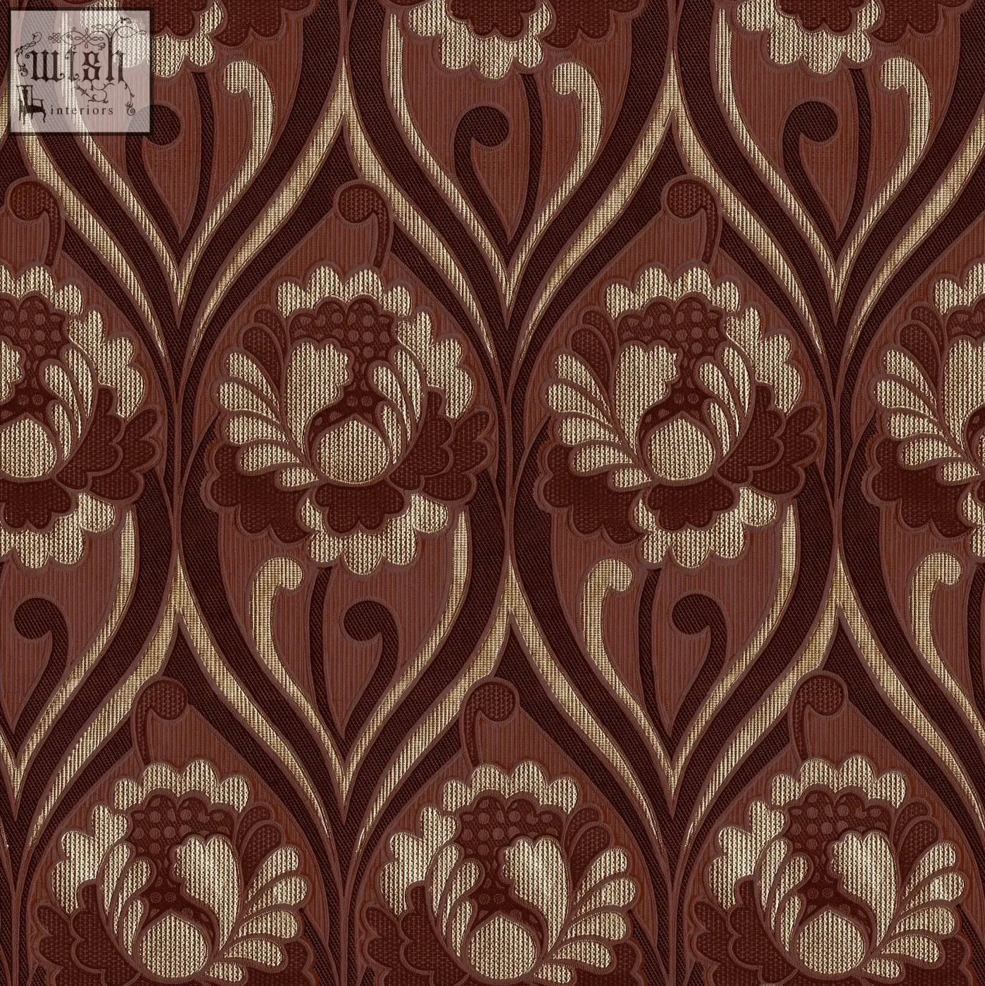Brown and beige vintage floral damask wallpaper with a woven textured floral damask pattern