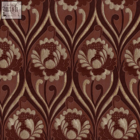 Brown and beige vintage floral damask wallpaper with a woven textured floral damask pattern