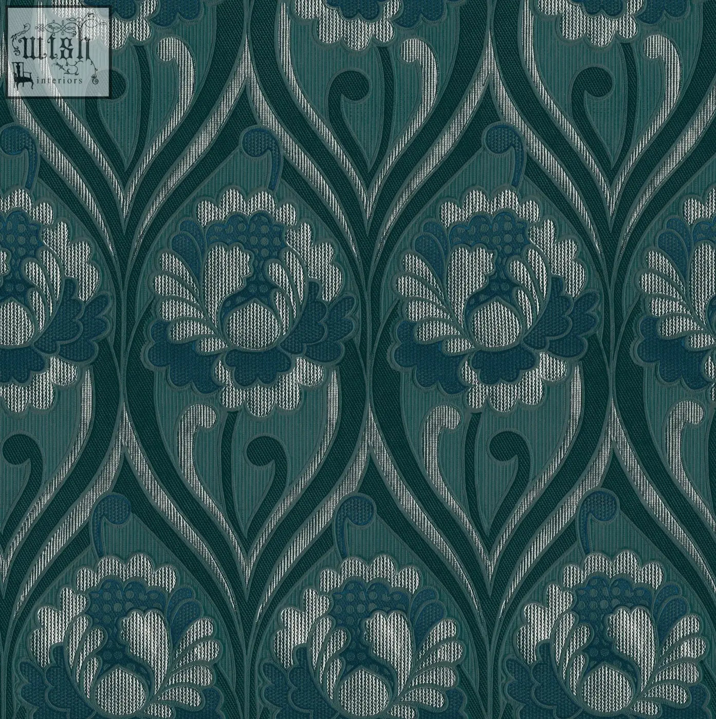 Teal and silver vintage floral damask wallpaper with a textured woven pattern perfect for classic decor