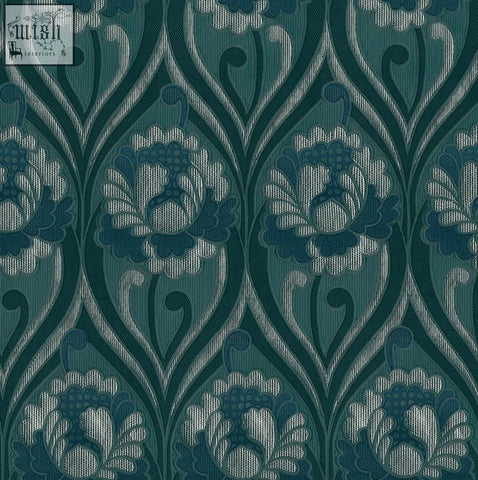 Teal and silver vintage floral damask wallpaper with a textured woven pattern perfect for classic decor