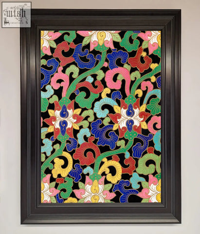 Vintage flower swirls framed wall art with vibrant embroidered floral design in sleek black frame for home decor