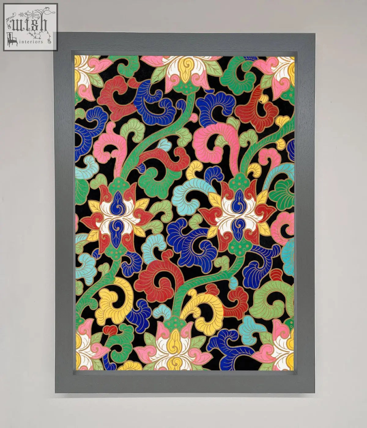 A vibrant vintage flower swirls framed artwork with bold pink blue green and yellow patterns on black background