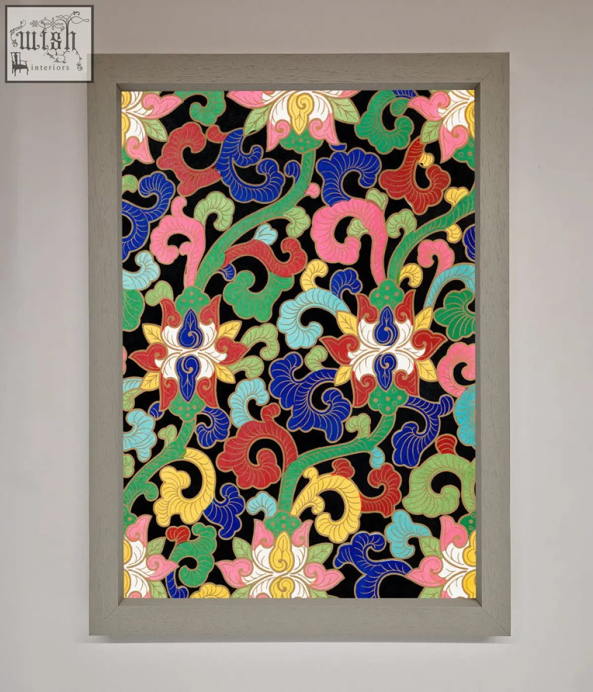 Vintage flower swirls framed wall art with bold pink blue green red yellow floral vine motifs on black background