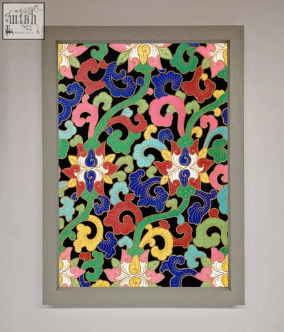 Vintage flower swirls framed wall art with bold pink blue green red yellow floral vine motifs on black background