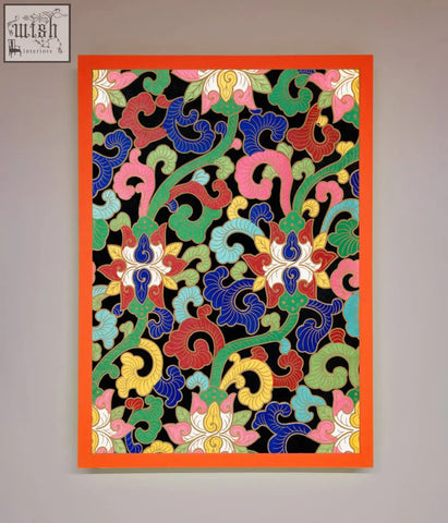 Vintage flower swirls framed wall art with bold red blue green yellow floral swirls on black background and orange border