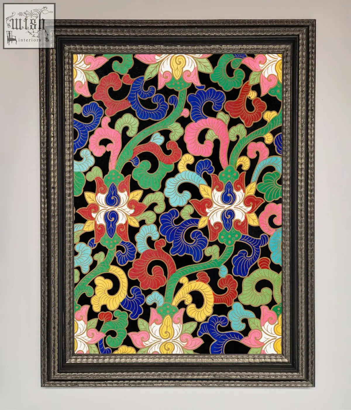 Vintage flower swirls framed wall art with vibrant floral and vine patterns in bold colors on black background