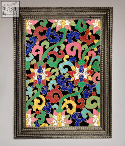 Vintage flower swirls framed artwork with vibrant floral and vine patterns in bold colors on black background