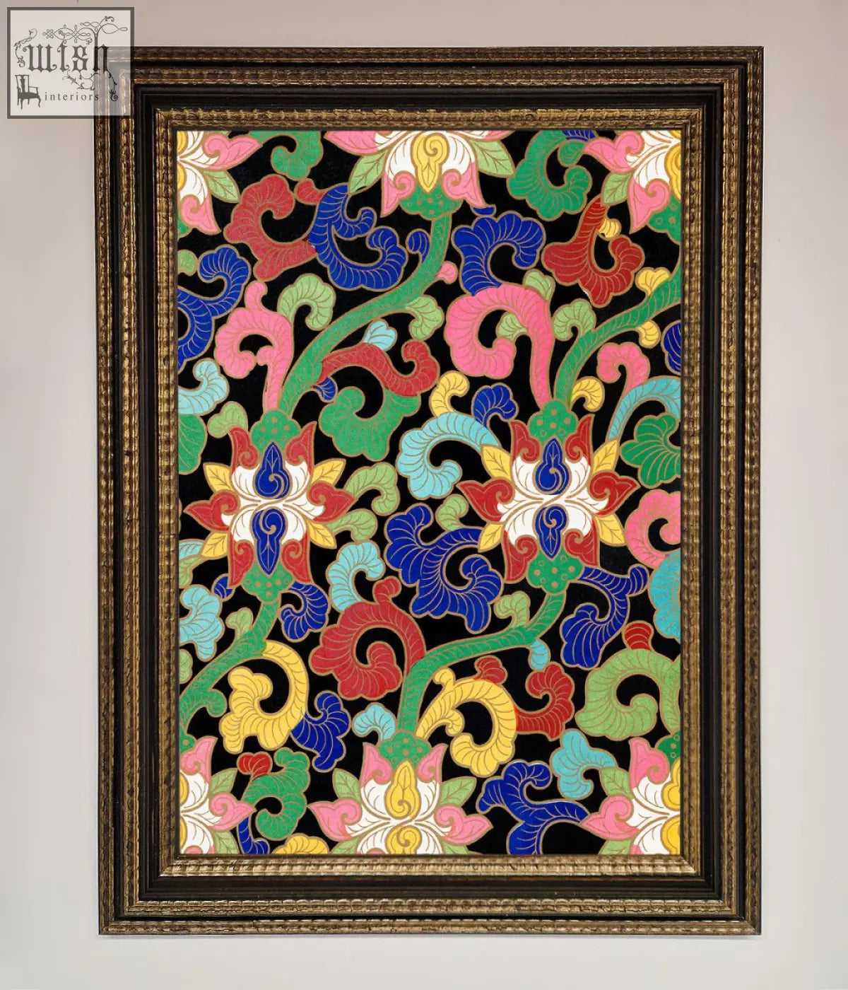 Vintage flower swirls framed wall art with bold pink blue green red yellow and white floral swirls on black background