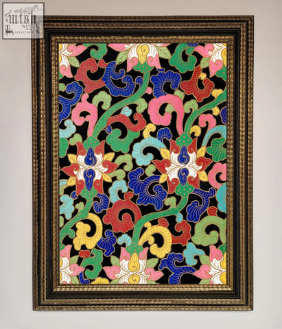 Vintage flower swirls framed wall art with bold pink blue green red yellow and white floral swirls on black background