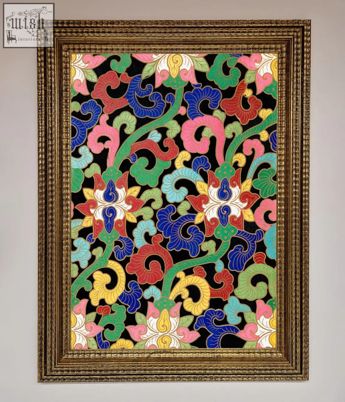 Vintage flower swirls framed wall art with a black background and colorful intricate floral and vine patterns