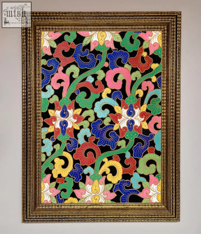 Vintage flower swirls framed wall art with a black background and colorful intricate floral and vine patterns