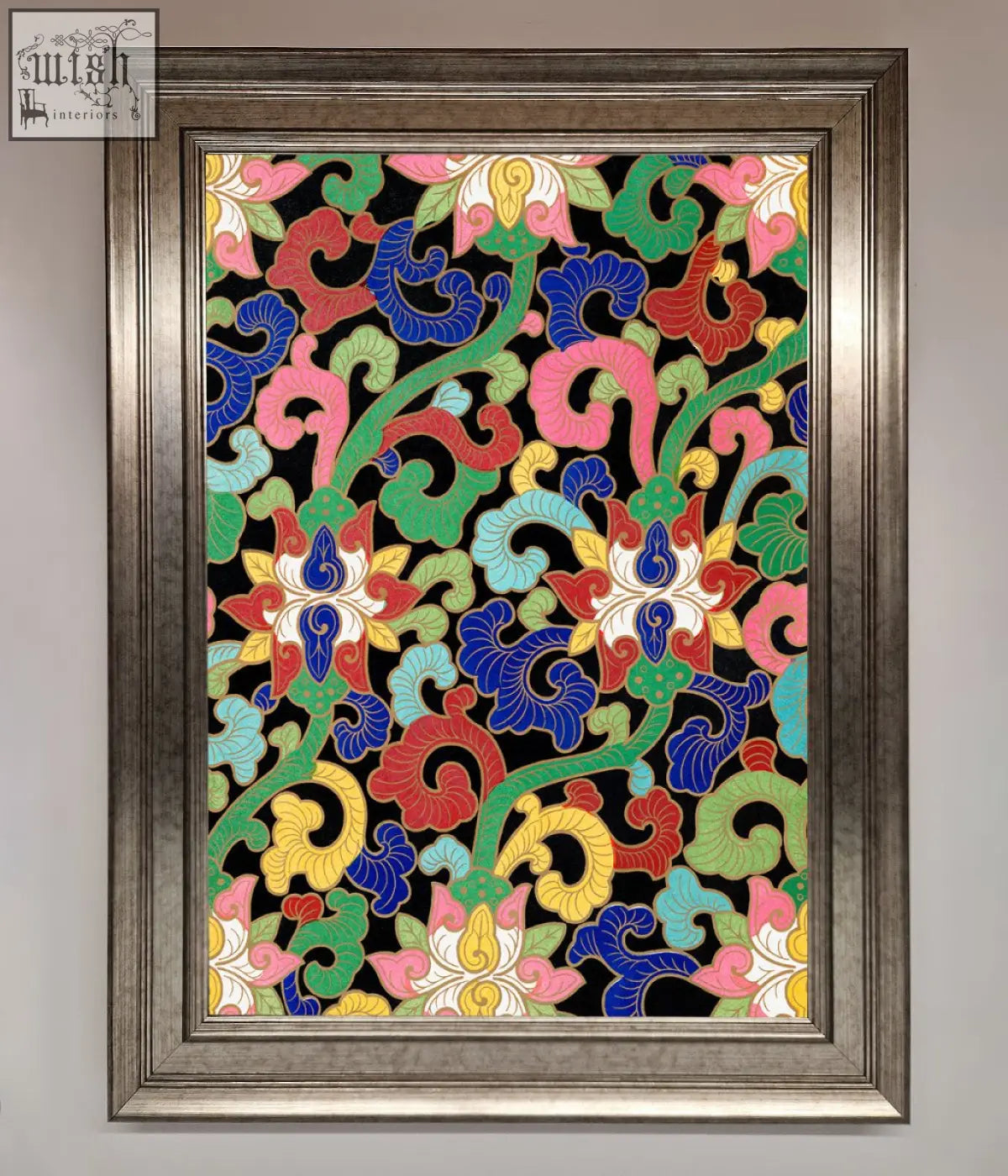Vintage flower swirls framed wall art with vibrant embroidered floral design in metallic silver frame perfect for decor