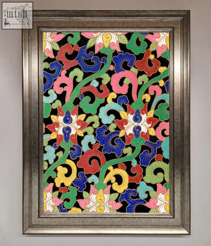 Vintage flower swirls framed wall art with vibrant embroidered floral design in metallic silver frame perfect for decor