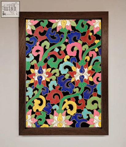 Vintage flower swirls framed wall art with bold red blue green pink floral swirls in a dark wood frame on black background