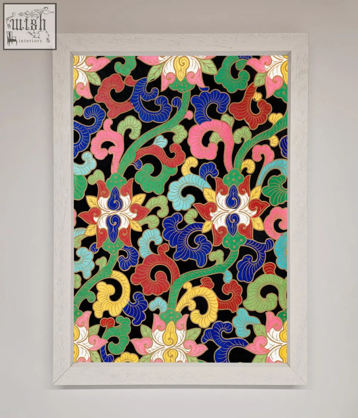 Vintage flower swirls framed wall art with vibrant floral motifs and bold colors in a white frame on black background