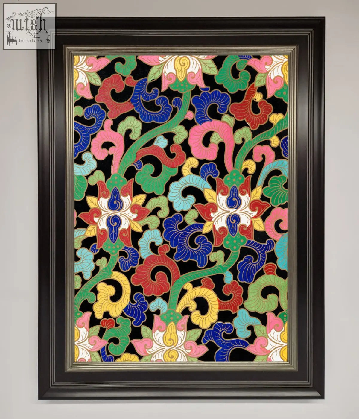 Vintage flower swirls framed wall art featuring vibrant embroidered floral patterns in a black frame on a dark background