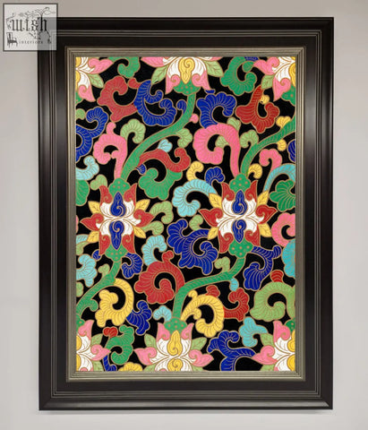 Vintage flower swirls framed wall art featuring vibrant embroidered floral patterns in a black frame on a dark background