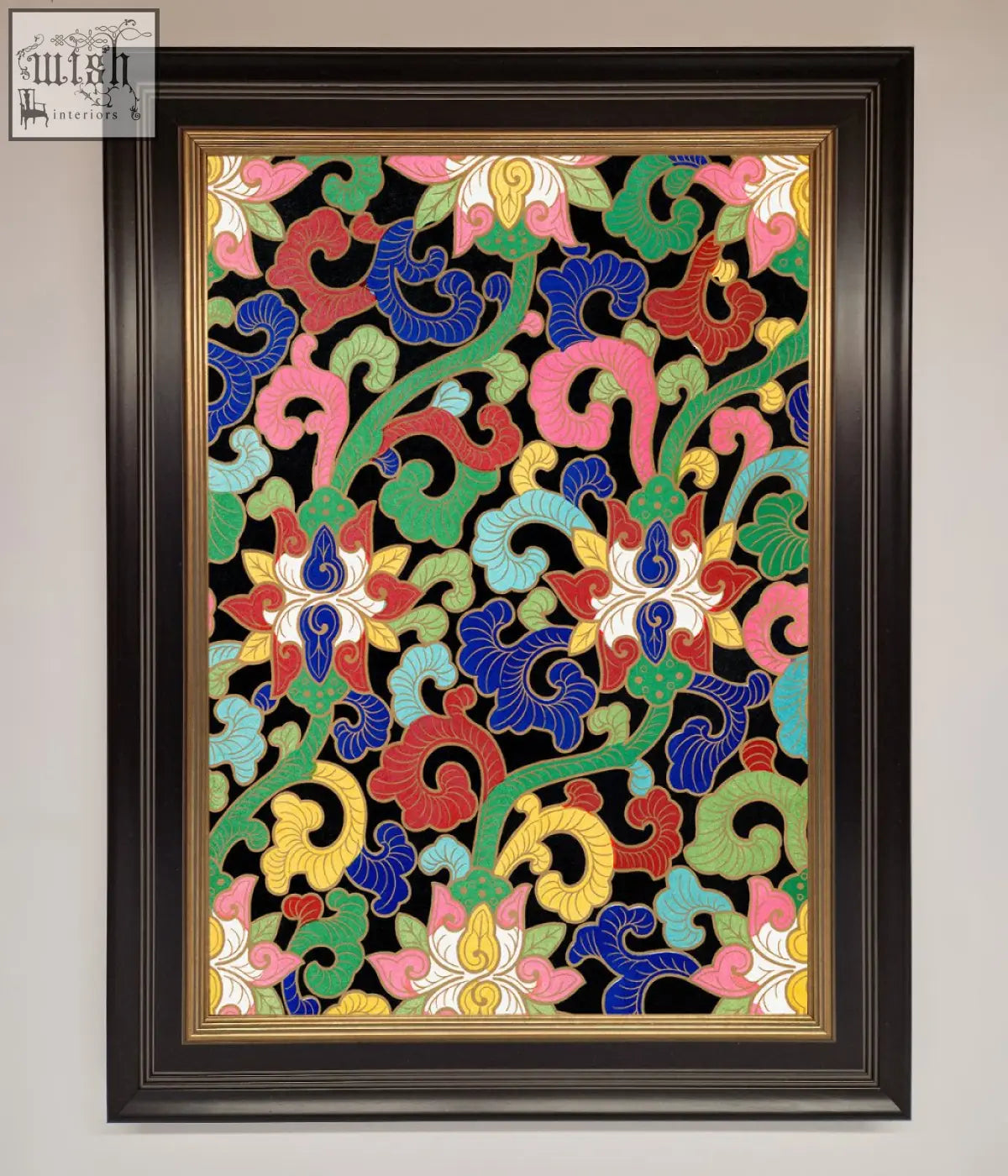 Vintage flower swirls framed wall art with bold floral and vine patterns in red blue green pink yellow white on black background