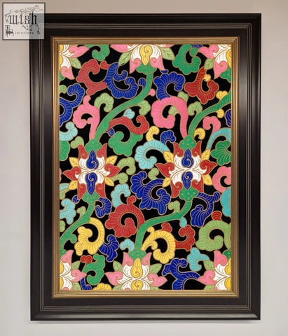 Vintage flower swirls framed wall art with bold floral and vine patterns in red blue green pink yellow white on black background