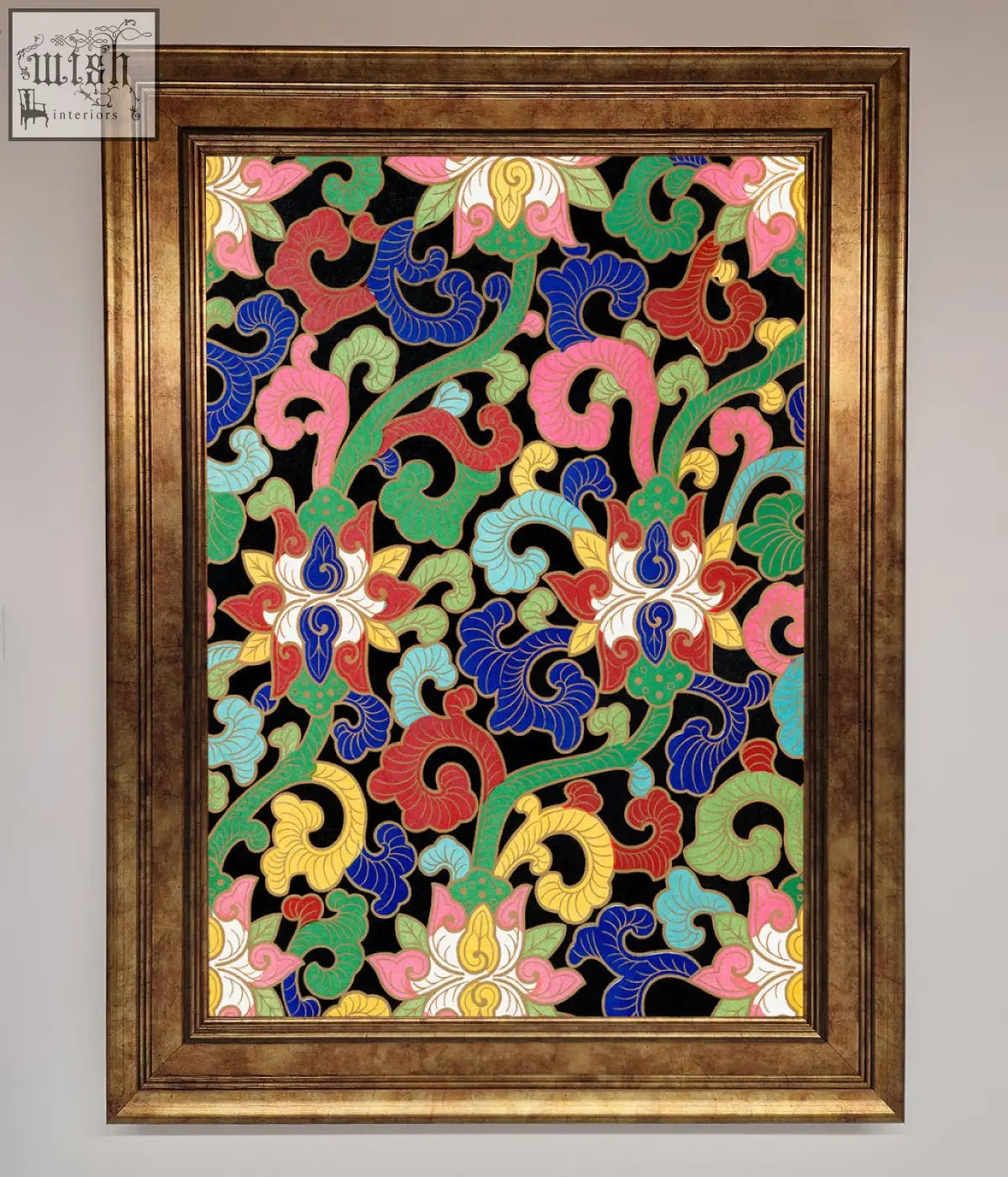 Vintage flower swirls framed wall art with vibrant floral and vine patterns in bold colors on black background