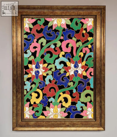 Vintage flower swirls framed wall art with vibrant floral and vine patterns in bold colors on black background
