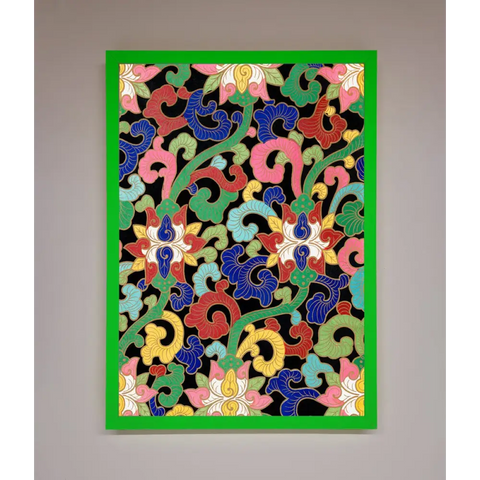 Vintage Flower Swirls Framed Wall Art - B0 (100 x 141 cm) / Neon Dark Green - Framed Print