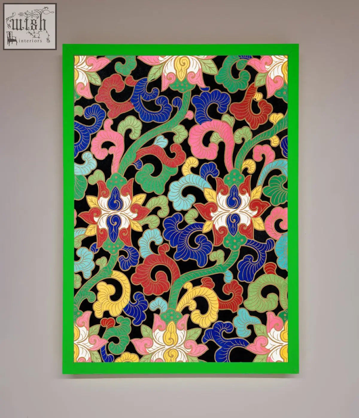 Vintage flower swirls framed wall art with bold red blue pink and green swirling floral motifs on black background and green border